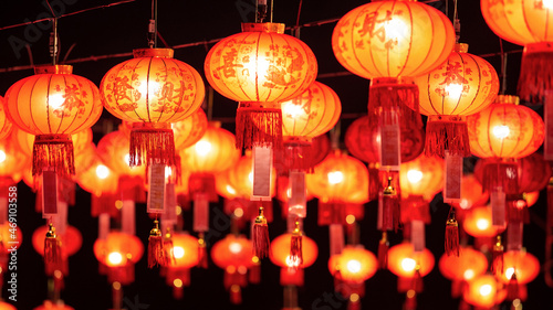 Chinese red lanterns at night, Chinese New Year.