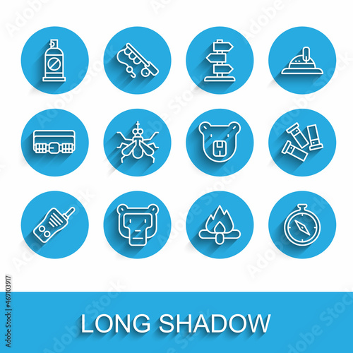 Set line Walkie talkie, Monkey, Spray against insects, Campfire, Compass, Mosquito, Cartridges and Bear head icon. Vector