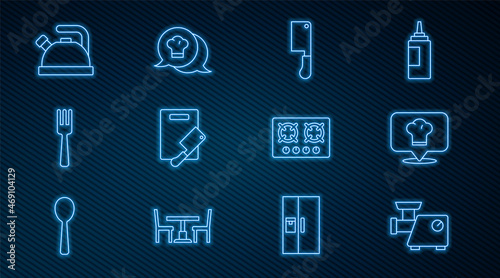 Set line Kitchen meat grinder, Chef hat with location, Meat chopper, Cutting board and, Fork, Kettle handle, Gas stove and speech bubble icon. Vector