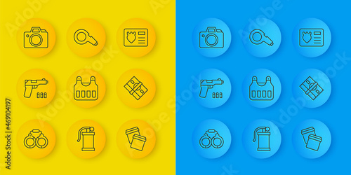 Set line Handcuffs, Pistol or gun, Bulletproof vest, Plastic bag with ziplock, Stacks paper money cash, Photo camera, Police badge id case and Whistle icon. Vector