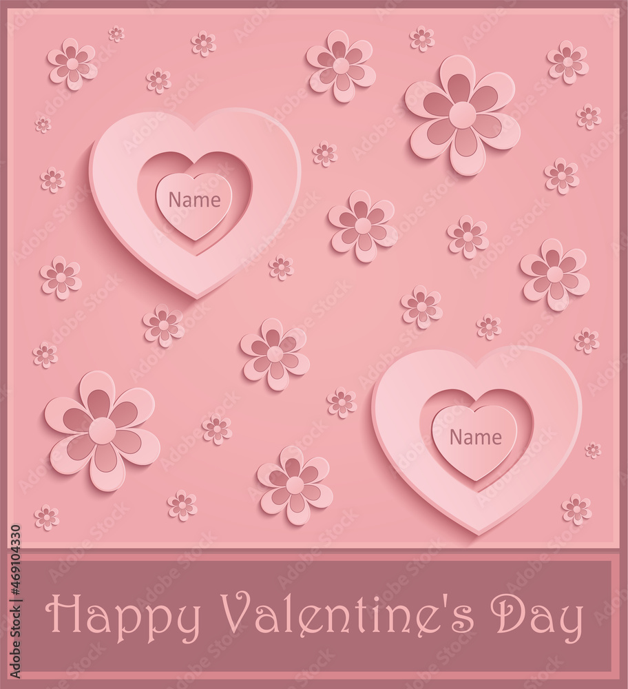 Pink heart, greeting card, flower background vector