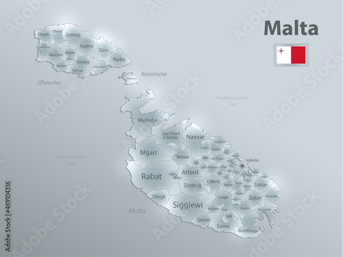 Malta map and flag, administrative division, separates regions and names, design glass card 3D vector