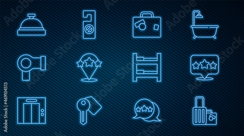 Set line Suitcase, Five stars rating review, Hair dryer, Hotel service bell, room bed and Please do not disturb icon. Vector