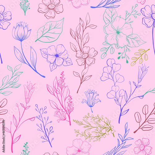 Seamless floral pattern with one line flowers. Vector hand drawn illustration. Design for textile, fabric, banner, poster, card, invitation and scrapbook