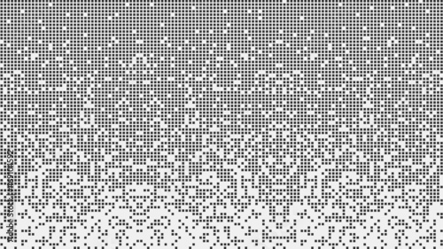 Fragmented matrix blocks falling down in black and white. It looks like a disk defragmenter or a tetris game. Horizontal vector.