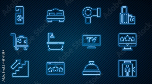 Set line Lift, Five stars rating review, Hair dryer, Bathtub with shower, Suitcase, Please do not disturb, Smart Tv and Hotel room bed icon. Vector