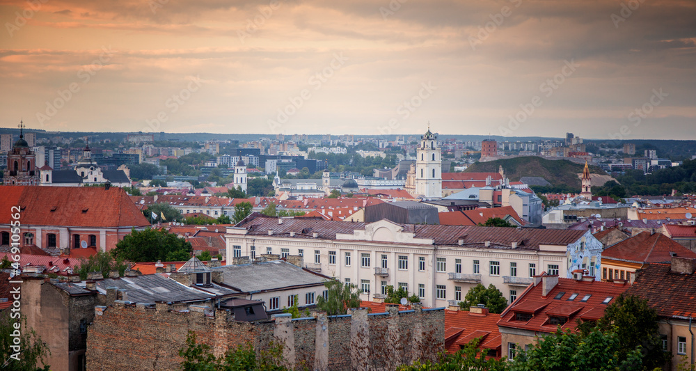 Vilnius is the capital of Lithuania at sunset, city view. Beautiful cityscape