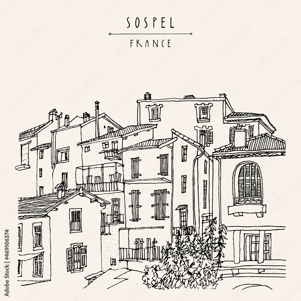 Vector Sospel, France illustration. Hand drawn cityscape sketch. Beautiful old houses, buildings in Mediterranean town of Sospel near Nizza. Travel artistic sketch drawing. Vintage touristic postcard