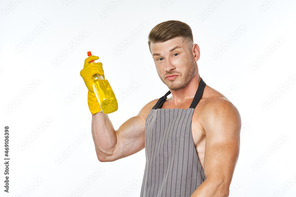 man wearing apron detergent cleaning posing service man wearing apron detergent cleaning posing service