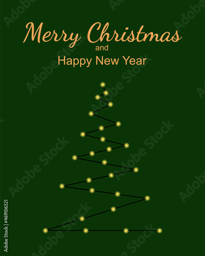 Merry Christmas and Happy New Year greeting card. The inscription and a tree made of glowing lanterns on a dark green background. Vector illustration.
