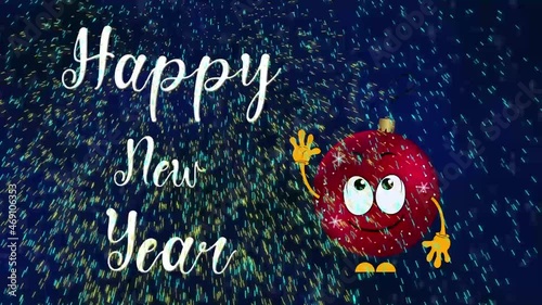 Happy New Year animation. Greeting card on a blue background.
