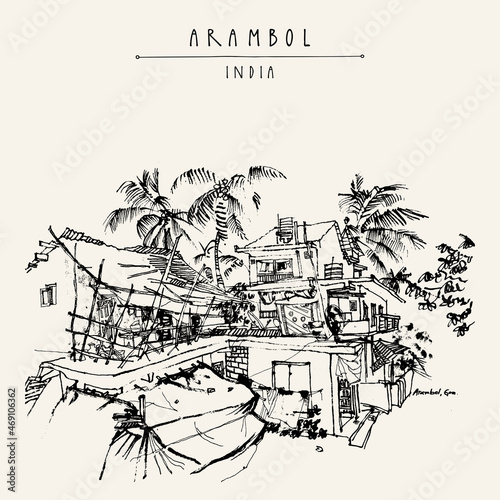 Vector Arambol, Goa, India postcard. Tropical village landscape. Artistic drawing. Travel sketch. Vintage hand drawn postcard, poster, brochure illustration