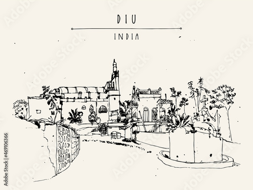 Fototapeta Naklejka Na Ścianę i Meble -  Vector Diu, India illustration. A beautiful Portuguese church postcard. Hand drawn cityscape sketch. Travel art. Vintage artistic poster