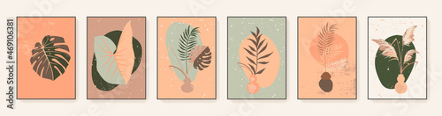 Vector pampas grass contemporary wall art prints. Artistic boho aesthetic botanical wall art set. Abstract exotic plants home decor. Soft gentle muted neutral colors. Contemporary posters
