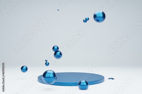 3d rendering scene with product podium and blue metallic bubbles for presentation on a gray background. Blank showcase mockup with simple geometric 3d elements