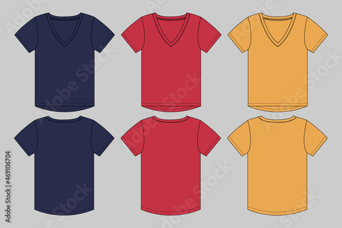 Multicolor  V- neck Short Sleeve Women's T shirt Overall Technical Fashion flat sketch Vector illustration template Front and back views. Apparel Clothing Ladies shirt mock up Cad.
