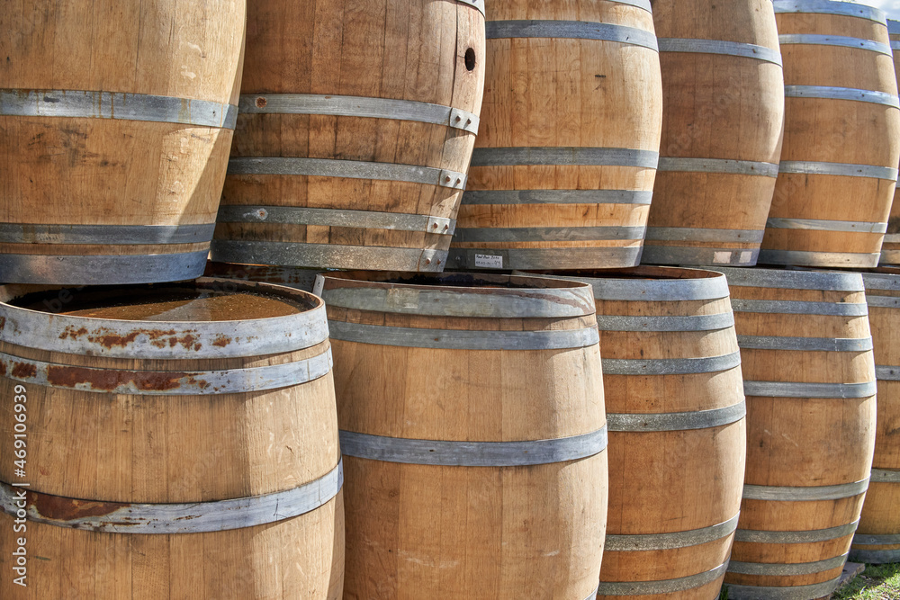 Closeup group of Wooden Wine barrels in a vineyard in Argentina. Horizontal. wine cellar and old winery