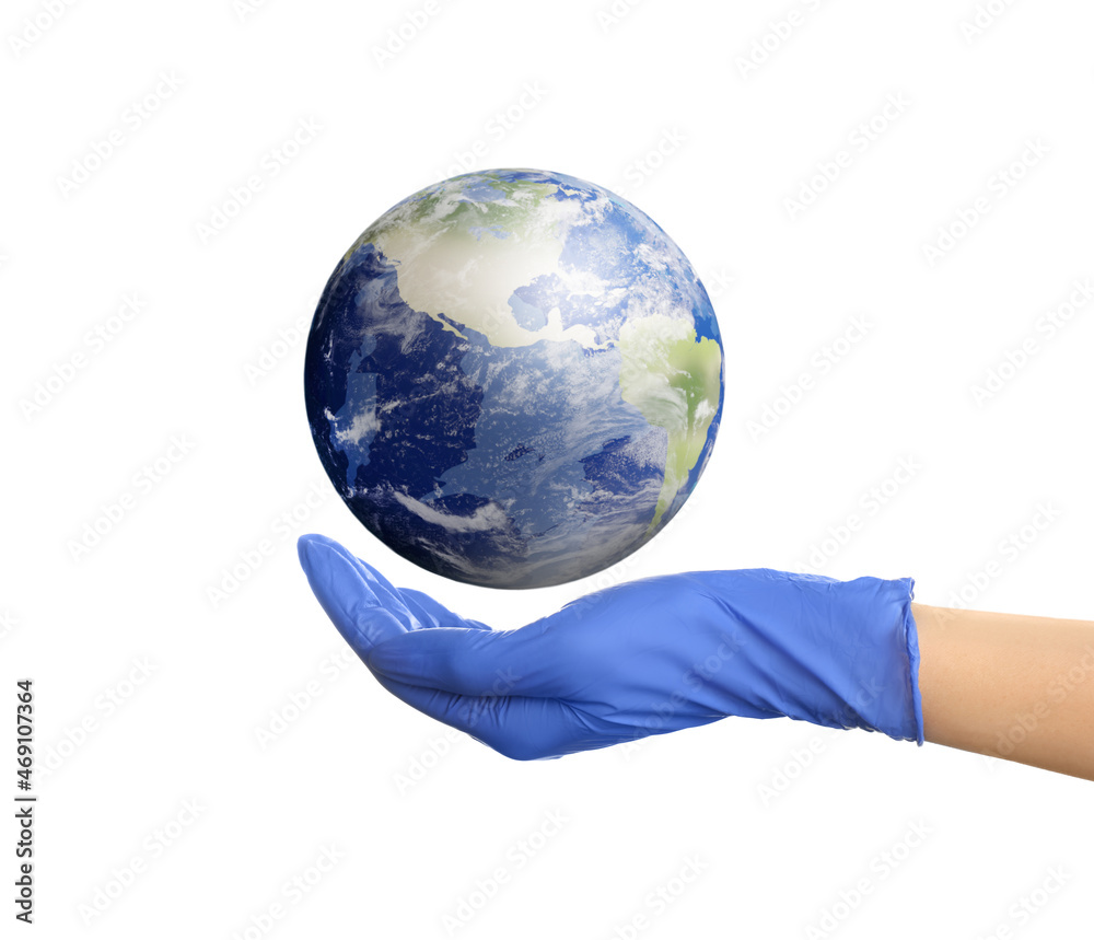 World in our hands. Woman holding digital model of Earth on white background, closeup view World in our hands. Woman holding digital model of Earth on white background, closeup view
