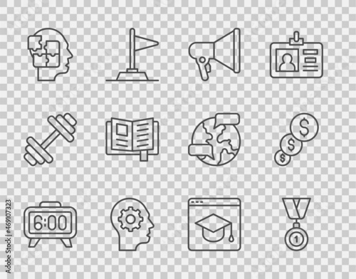Set line Digital alarm clock, Medal, Megaphone, Human head with gear inside, Head puzzles strategy, Reading book, Online education and Financial growth and dollar icon. Vector