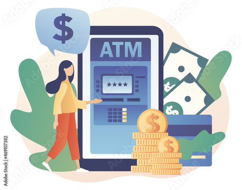 ATM in smartphone. Tiny woman withdraws money from credit card in online atm machine. Banking terminal. Online payment. Modern flat cartoon style. Vector illustration on white background