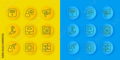 Set line Police beat human, Caduceus snake medical, Vote box, Barbed wire, News, Prison cell door, Peace and talks icon. Vector