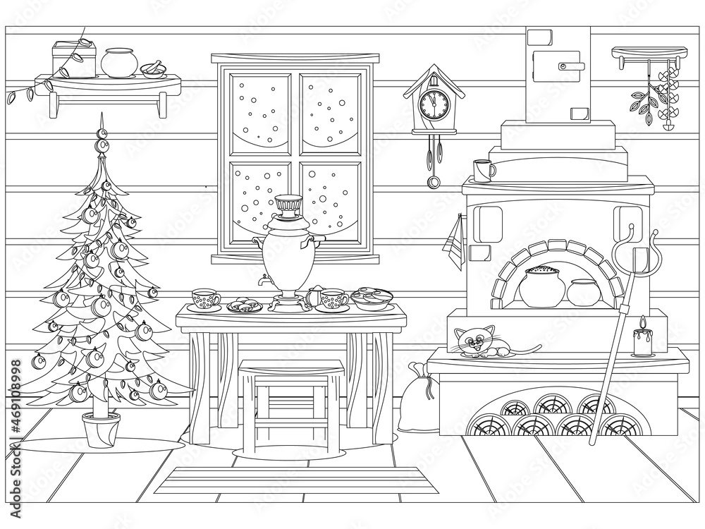 Fototapeta premium Vector illustration on the theme of Christmas and new year in the traditional Russian kitchen coloring book.