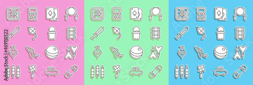Set line Skateboard, Dart arrow, Toy railway, Playing cards, Kite, Sword toy, Tic tac toe game and Sand bucket icon. Vector