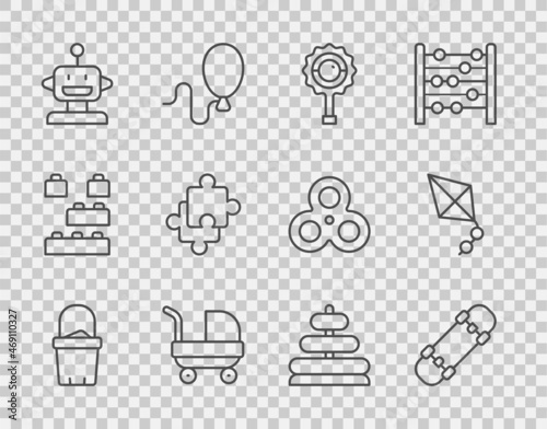 Set line Sand in bucket, Skateboard, Rattle baby toy, Baby stroller, Robot, Puzzle pieces, Pyramid and Kite icon. Vector
