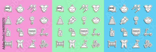 Set line ABC blocks, Roller scooter, Little boy head, Sperm, Baby bottle, Pyramid toy, Speech bubble mom and Rattle baby icon. Vector