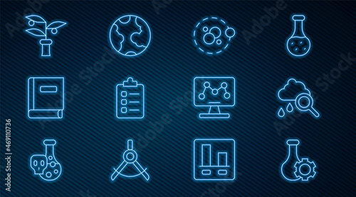 Set line Test tube, Cloud with rain, Atom, To do list or planning, Science book, Plant breeding, Genetic engineering and Earth globe icon. Vector