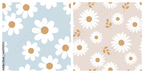 Seamless patterns with hand drawn daisy flowers on blue and cream backgrounds vector.