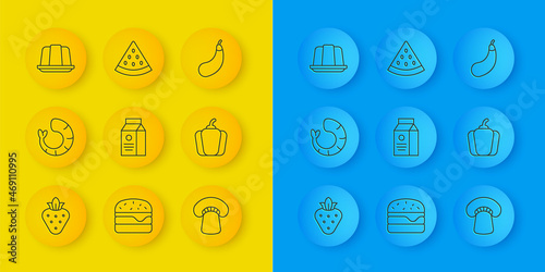 Set line Strawberry, Shrimp, aper package for milk, Mushroom, Bell pepper, Jelly cake, Eggplant and Watermelon icon. Vector photo