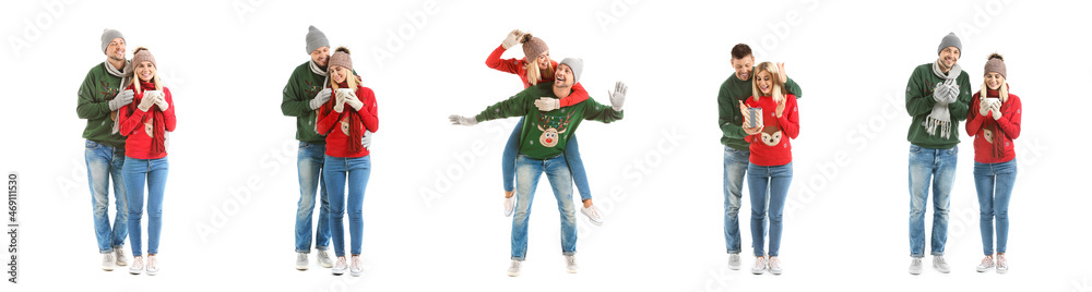 Happy couple in Christmas sweaters on white background