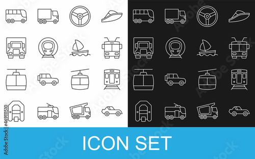 Set line Car, Train and railway, Trolleybus, Steering wheel, Delivery cargo truck, Bus and Yacht sailboat icon. Vector