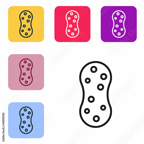 Black line Sponge with bubbles icon isolated on white background. Wisp of bast for washing dishes. Cleaning service logo. Set icons in color square buttons. Vector