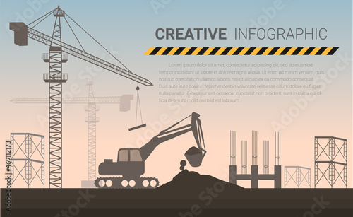 Crane and backhoe in construction site, vector background, Ready template for web site, Landing page and presentation of your company.
