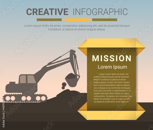 Backhoe in construction site. Infographic Template for presentation, Ready template for workflow layout, banner, number options, step up options, web design, diagram.