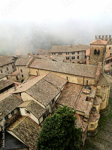 Foggy Castel Arquato from above, medieval italian borgo. Telephone photoshoot. photo