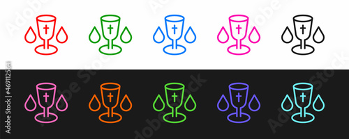 Set line Christian chalice icon isolated on black and white background. Christianity icon. Happy Easter. Vector