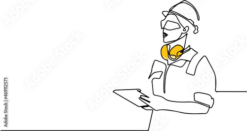 Continuous one line drawing of Industry maintenance engineer woman wearing uniform and safety helmet under inspection by tablet. Minimal outline concept