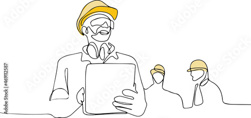 Continuous one line drawing of Industry maintenance engineer woman wearing uniform and safety helmet under inspection by tablet. Minimal outline concept