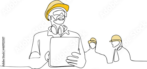 Continuous one line drawing of Industry maintenance engineer woman wearing uniform and safety helmet under inspection by tablet. Minimal outline concept