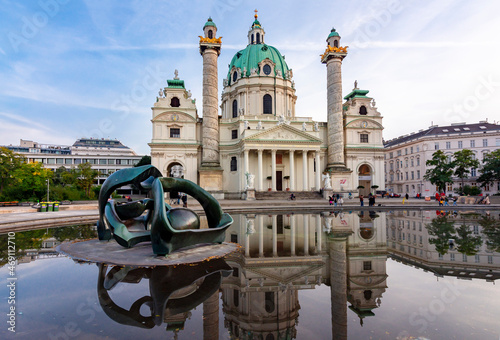 Photography Karlskirche church on Karlsplatz square at sunset, Vienna, Austria