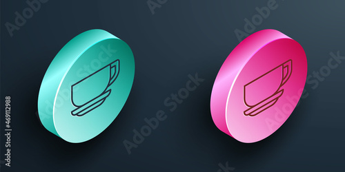 Isometric line Coffee cup icon isolated on black background. Tea cup. Hot drink coffee. Turquoise and pink circle button. Vector