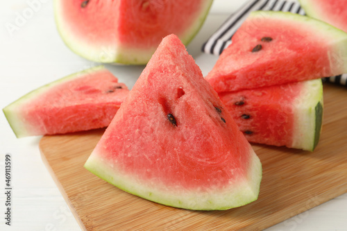Delicious fresh watermelon slices on white table, closeup