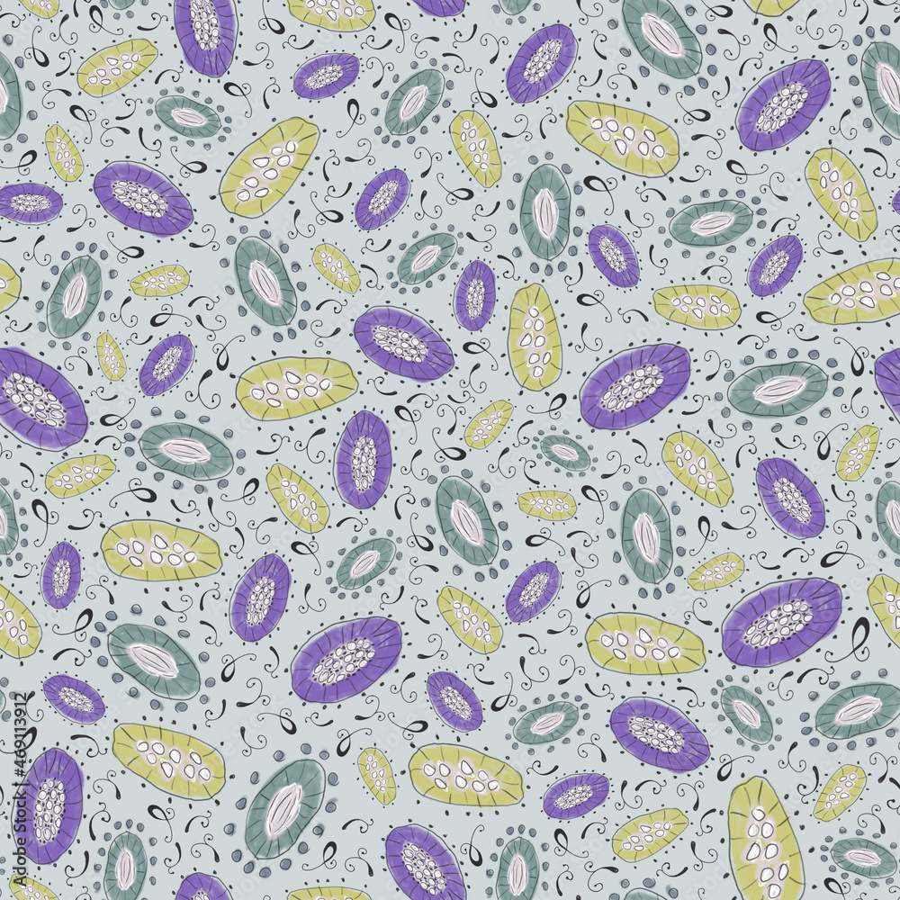 Violet&Yellow Hand Drawn Florets Seamless Pattern on Mint Background Violet&Yellow Hand Drawn Florets Seamless Pattern on Mint Background