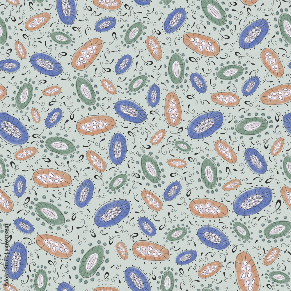 Blue&Orange Hand Drawn Florets Seamless Pattern on Mint Background Blue&Orange Hand Drawn Florets Seamless Pattern on Mint Background