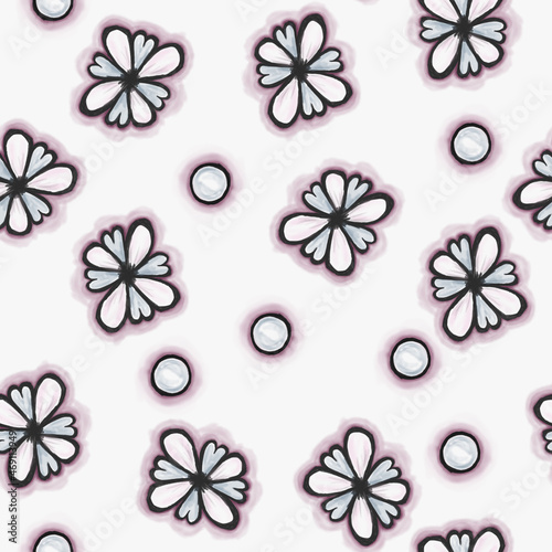 Pink&Gray Hand Drawn Florets Seamless Pattern on White Background