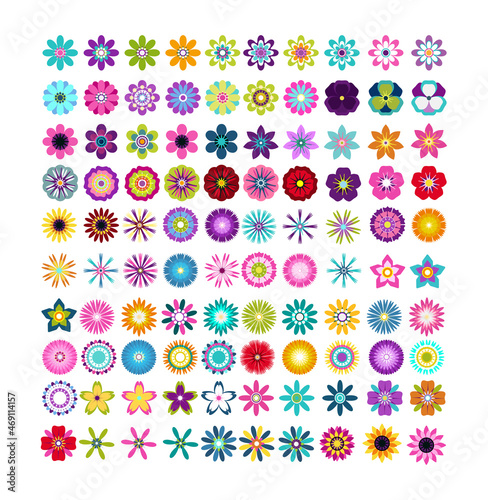 Set of flat vector geometric flowers. Objects for creating patterns, postcards, ornaments, and other designs.