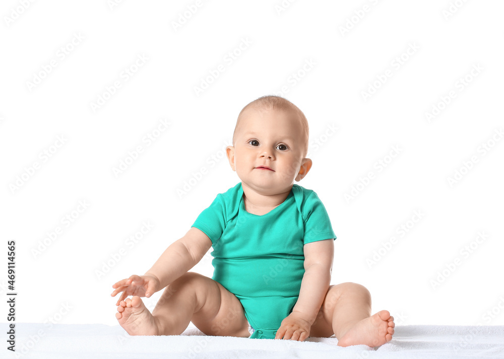 Cute little baby boy in blue bodysuit on white background Cute little baby boy in blue bodysuit on white background